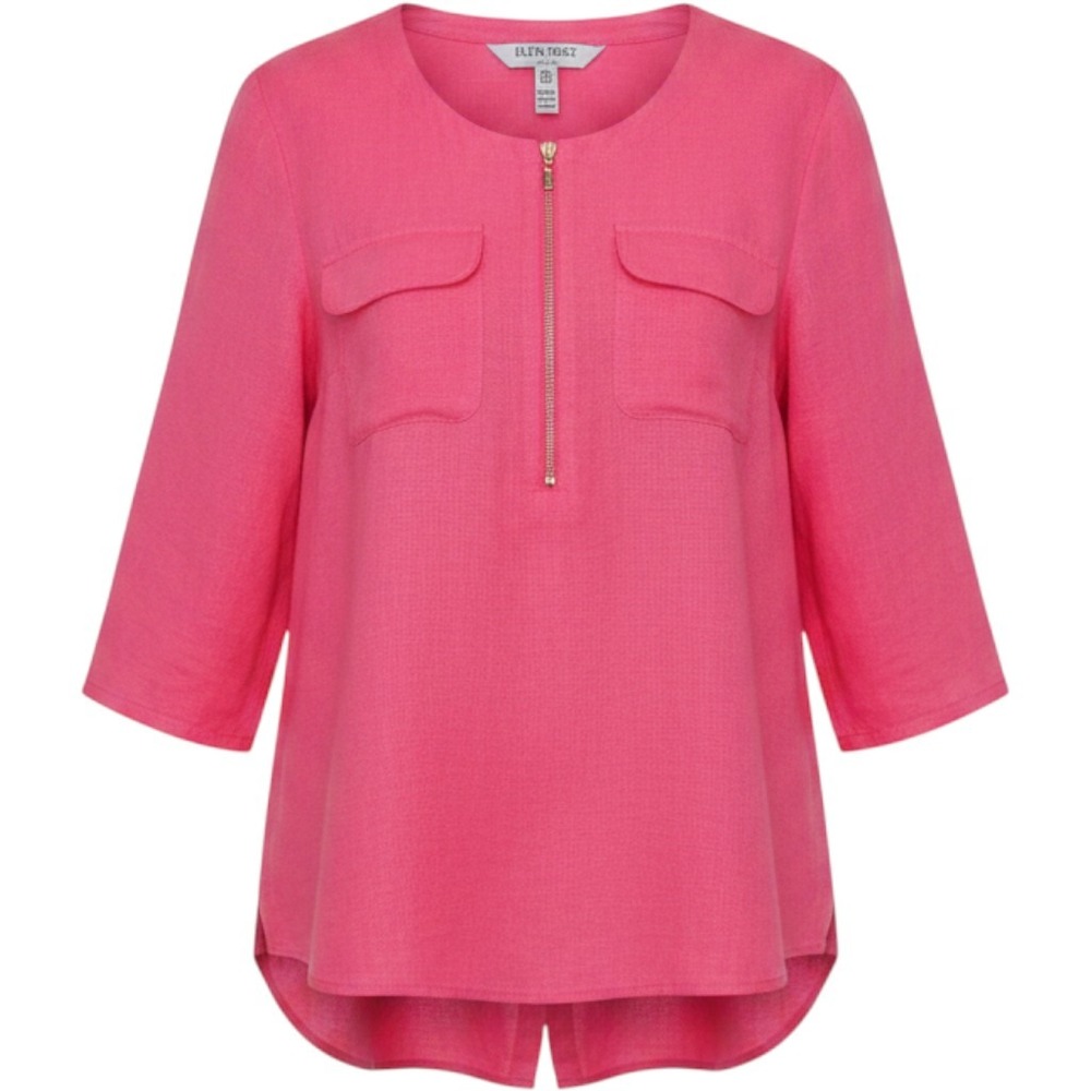 Ellen Tracy Women's Casual Tunic Med Linen Blend Pink Zip Front Roll Tab Sleeve